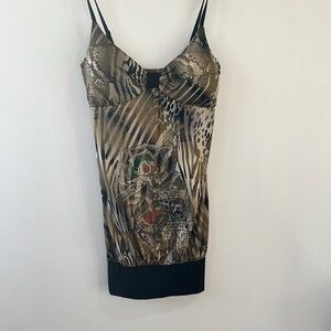 Ed Hardy Y2K vintage Brown and Black Animal Print Embellished Camisole size M